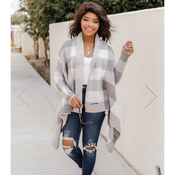 Pink Lily Sweaters - Candidly Chic Buffalo Plaid Grey Cardigan
